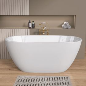 55 Inch Acrylic Freestanding Bathtub Contemporary Soaking White Tub with Overflow and Pop-up Drain Matte White