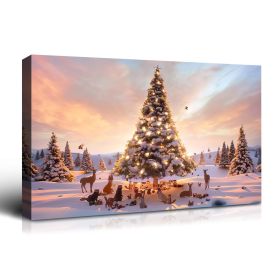 Framed Canvas Wall Art Decor Painting For Chrismas, Lighted Pine Tree at Night Chrismas Gift Painting For Chrismas Gift