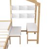 Full Size Wooden House Bed White and Original Wood Colored Frame with Drawer, Desk and Bookshelf for Children or Guest Room