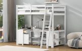 Full Size Loft Bed with U-shaped Desk, Drawers and Storage Shelves, White