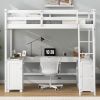 Full Size Loft Bed with U-shaped Desk, Drawers and Storage Shelves, White