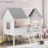 Twin Size Low Loft Wood House Bed with Two Side Windows (White+Gray