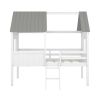 Twin Size Low Loft Wood House Bed with Two Side Windows (White+Gray