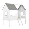 Twin Size Low Loft Wood House Bed with Two Side Windows (White+Gray