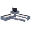 L-shaped Upholstered Platform Bed with Trundle and Two Drawers Linked with built-in Desk,Twin,Gray