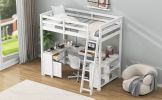 Full Size Loft Bed with U-shaped Desk, Drawers and Storage Shelves, White