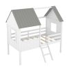 Twin Size Low Loft Wood House Bed with Two Side Windows (White+Gray