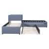 L-shaped Upholstered Platform Bed with Trundle and Two Drawers Linked with built-in Desk,Twin,Gray