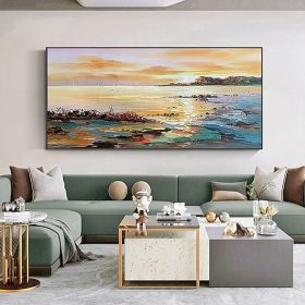 Hand Oil Painting Canvas Wall Art Decoration Abstract Seascape Painting Colorful Seaside Sunset for Home Living Room hallway bedroom luxurious decorat (size: 50X100cm)