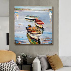 Hand Painted Oil Painting Canoe oil Paintings Nordic Seascape-Hand-Painted- Colorful Boats Oil Painting-Wall Art Handmade- For Home Decoration (Style: 01, size: 90x90cm)