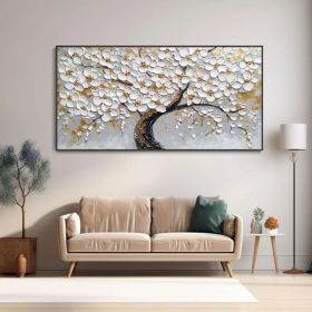 White Blossom Tree Canvas Oil Painting Hand Abstract Floral Plant Art 3D Textured Palette Knife Minimalist Home Decor Birthday Gift (Style: 01, size: 120x240cm)