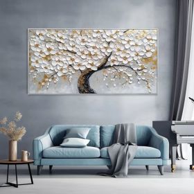 White Blossom Tree Canvas Oil Painting Hand Abstract Floral Plant Art 3D Textured Palette Knife Minimalist Home Decor Birthday Gift (Style: 01, size: 140x280cm)