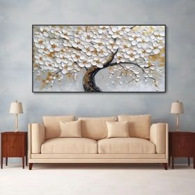 White Blossom Tree Canvas Oil Painting Hand Abstract Floral Plant Art 3D Textured Palette Knife Minimalist Home Decor Birthday Gift (Style: 01, size: 60X120cm)