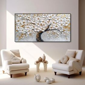 White Blossom Tree Canvas Oil Painting Hand Abstract Floral Plant Art 3D Textured Palette Knife Minimalist Home Decor Birthday Gift (Style: 01, size: 70X140cm)