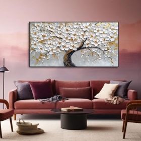 White Blossom Tree Canvas Oil Painting Hand Abstract Floral Plant Art 3D Textured Palette Knife Minimalist Home Decor Birthday Gift (Style: 01, size: 80x160cm)