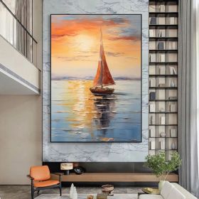 Large Abstract Ocean Sunset Landscape Painting Texture Nautical Oil Painting Seascape Wall Art Custom Ocean Canvas Painting Livingroom Decor (Style: 01, size: 120x160cm)