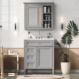 30'' Bathroom Vanity with Top Sink, Modern Bathroom Storage Cabinet with 2 Drawers and a Tipout Drawer, Freestanding Vanity Set with Mirror Cabinet (Color: Grey, Material: Solid Wood+MDF+Resin)