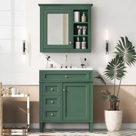 30'' Bathroom Vanity with Top Sink, Modern Bathroom Storage Cabinet with 2 Drawers and a Tipout Drawer, Freestanding Vanity Set with Mirror Cabinet (Color: Green, Material: Solid Wood+MDF+Resin)