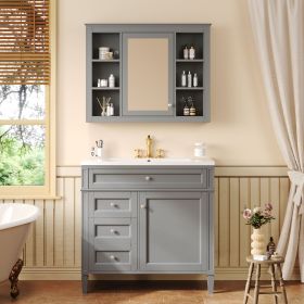 36'' Bathroom Vanity with Medicine Cabinet, Royal Blue Mirror Cabinet, Modern Bathroom Storage Cabinet with 2 Soft Closing Doors and 4 Drawers (Color: Grey, Material: Solid Wood+MDF+Resin)