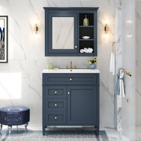 30'' Bathroom Vanity with Top Sink, Modern Bathroom Storage Cabinet with 2 Drawers and a Tipout Drawer, Freestanding Vanity Set with Mirror Cabinet (Color: Blue, Material: Solid Wood)